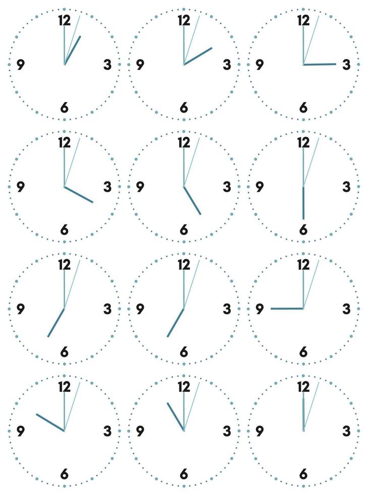 A set of mechanical clocks with an image of each of the twelve hours