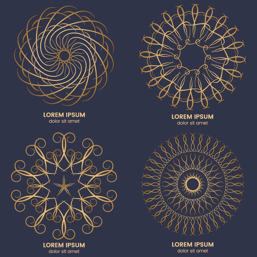 Set of four vintage geometric circular elements. Vector gold monogram on dark blue background. Vector illustration