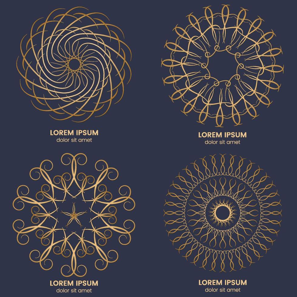 Set of four vintage geometric circular elements. Vector gold monogram on dark blue background. Vector illustration