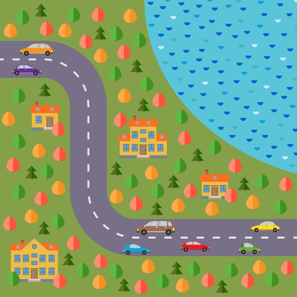 Plan of village. Landscape with the road, forest, lake, cars and houses. Vector illustration