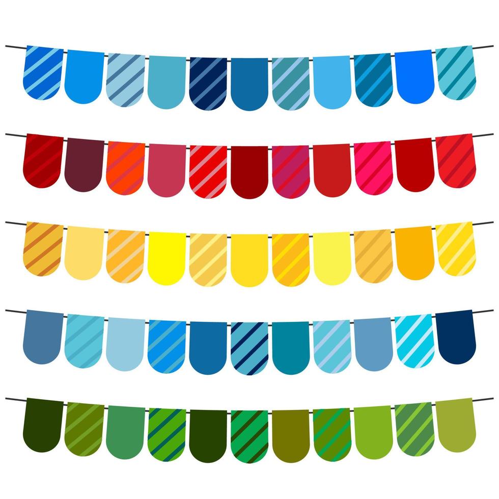 Colorful flags and bunting garlands for decoration. Decor elements with various patterns. Vector illustration