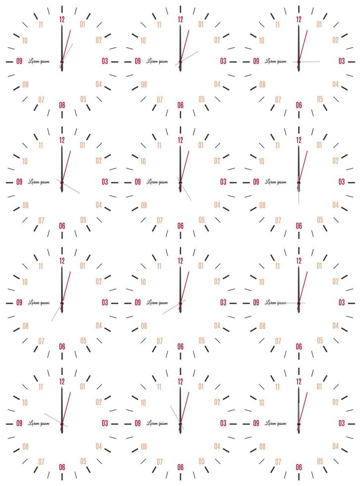 A set of mechanical clocks with an image of each of the twelve hours. Clock face on white background. vector