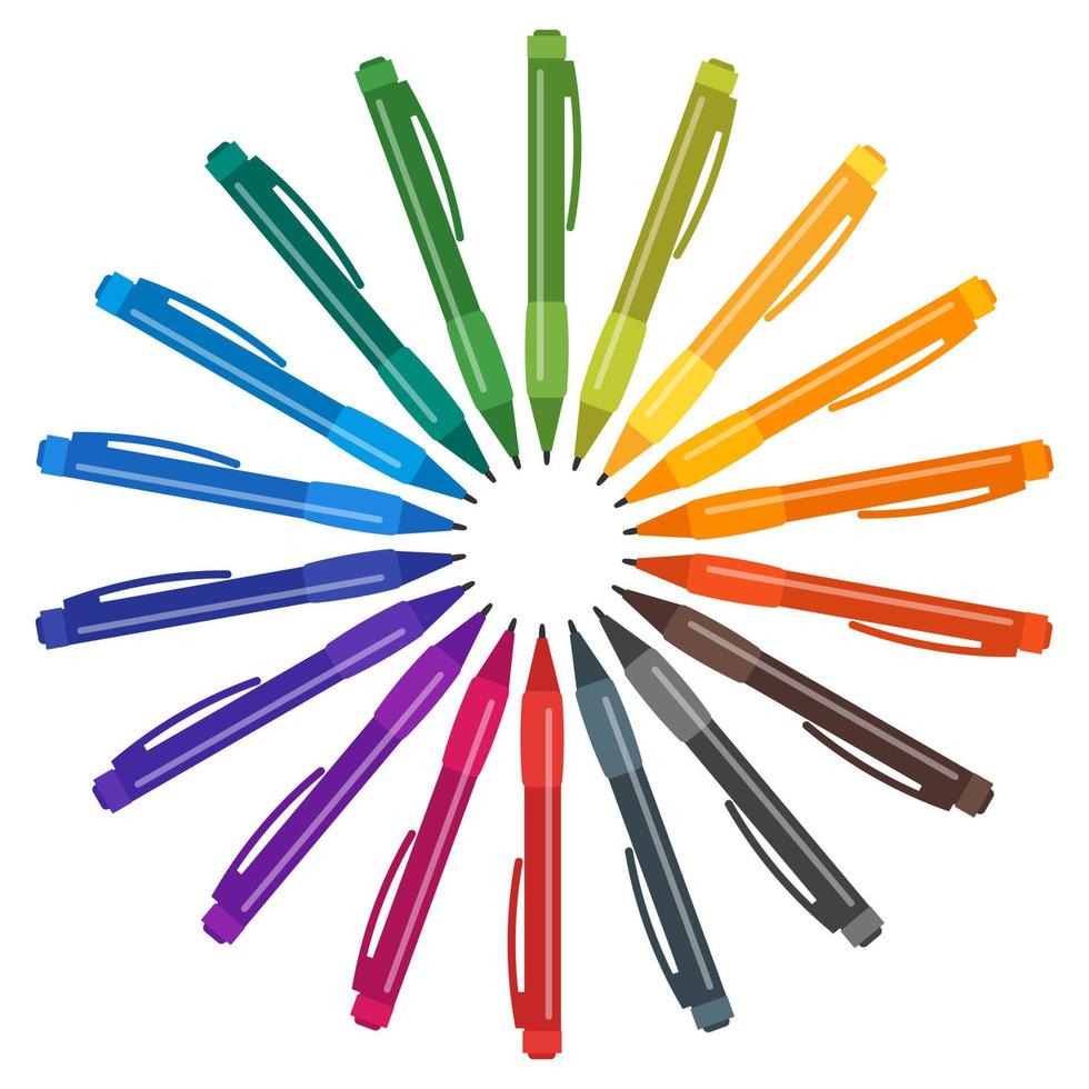 Set of multicolored pens placed in a circle. Vector illustration.