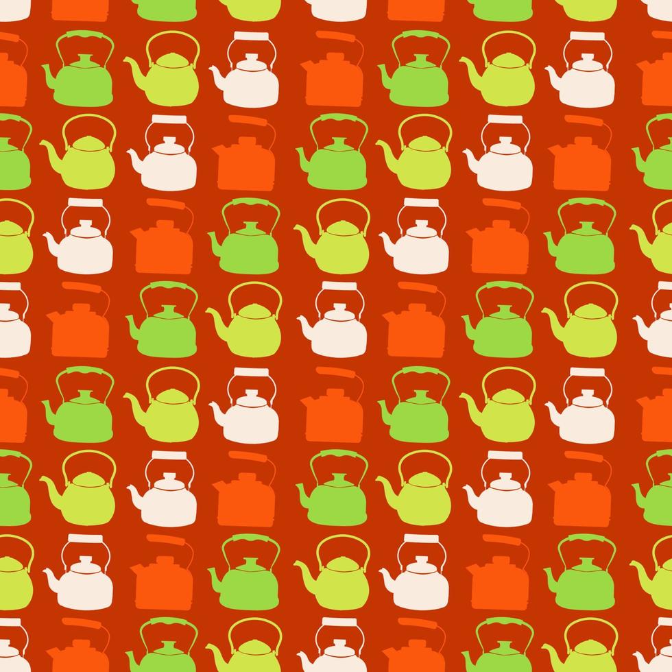 Seamless Colorful Pattern with Kettle. Vector background with different teapots. Endless kitchen texture.