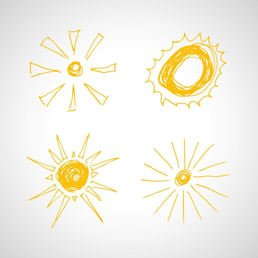 soles dibujados a mano. conjunto de cuatro soles de boceto simple. símbolo solar. garabato amarillo aislado sobre fondo blanco. ilustración vectorial vector