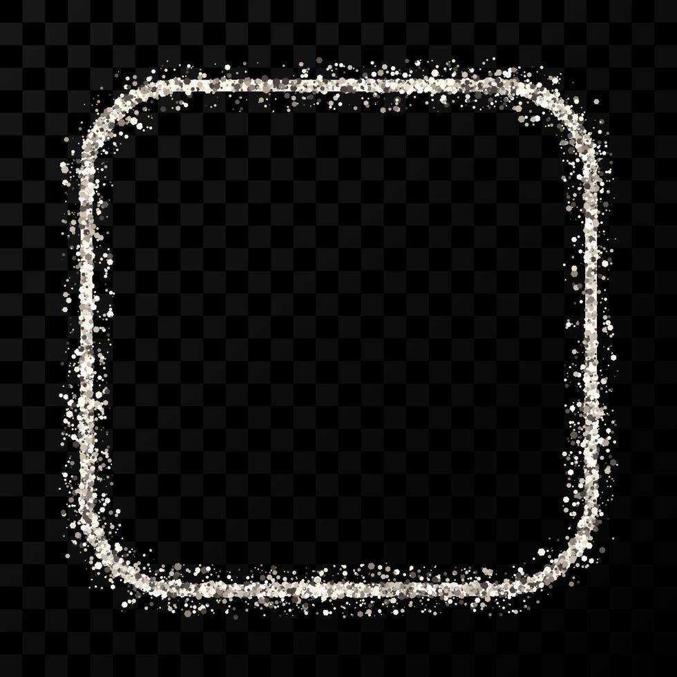 Silver glitter frame. Square with rounded corners frame with shiny sparkles on dark transparent background. Vector illustration