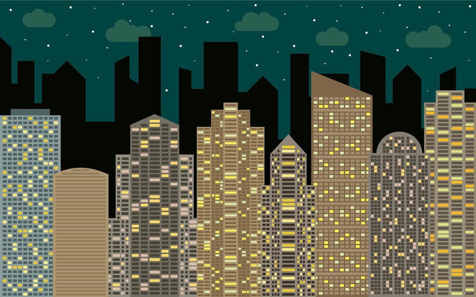 Night urban landscape. Street view with cityscape, skyscrapers and modern buildings at sunny day. City space in flat style background concept. vector