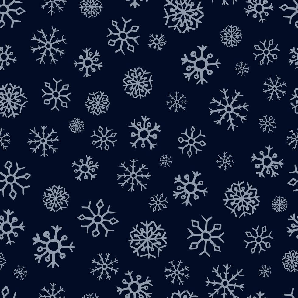 Seamless background of hand drawn snowflakes. Blue snowflakes on dark blue background. Christmas and New Year decoration elements. Vector illustration.