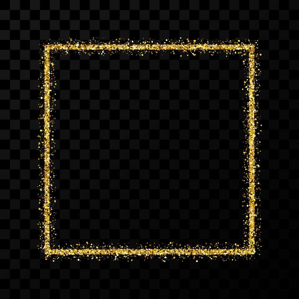 Gold glitter frame. Square frame with shiny sparkles on dark transparent background. Vector illustration