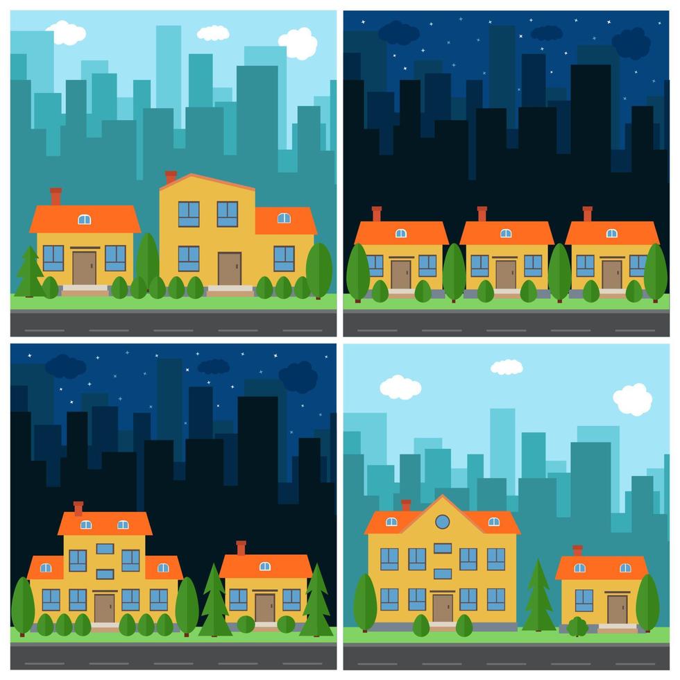 Set of vector day and night city with cartoon houses and buildings. City space with road on flat style background concept. Summer urban landscape. Street view with cityscape on a background