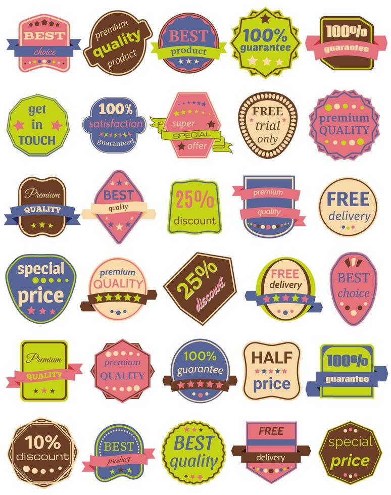 Set of Thirty Vector Badges with Ribbons. Web stickers and labels. Isolated vector illustration.