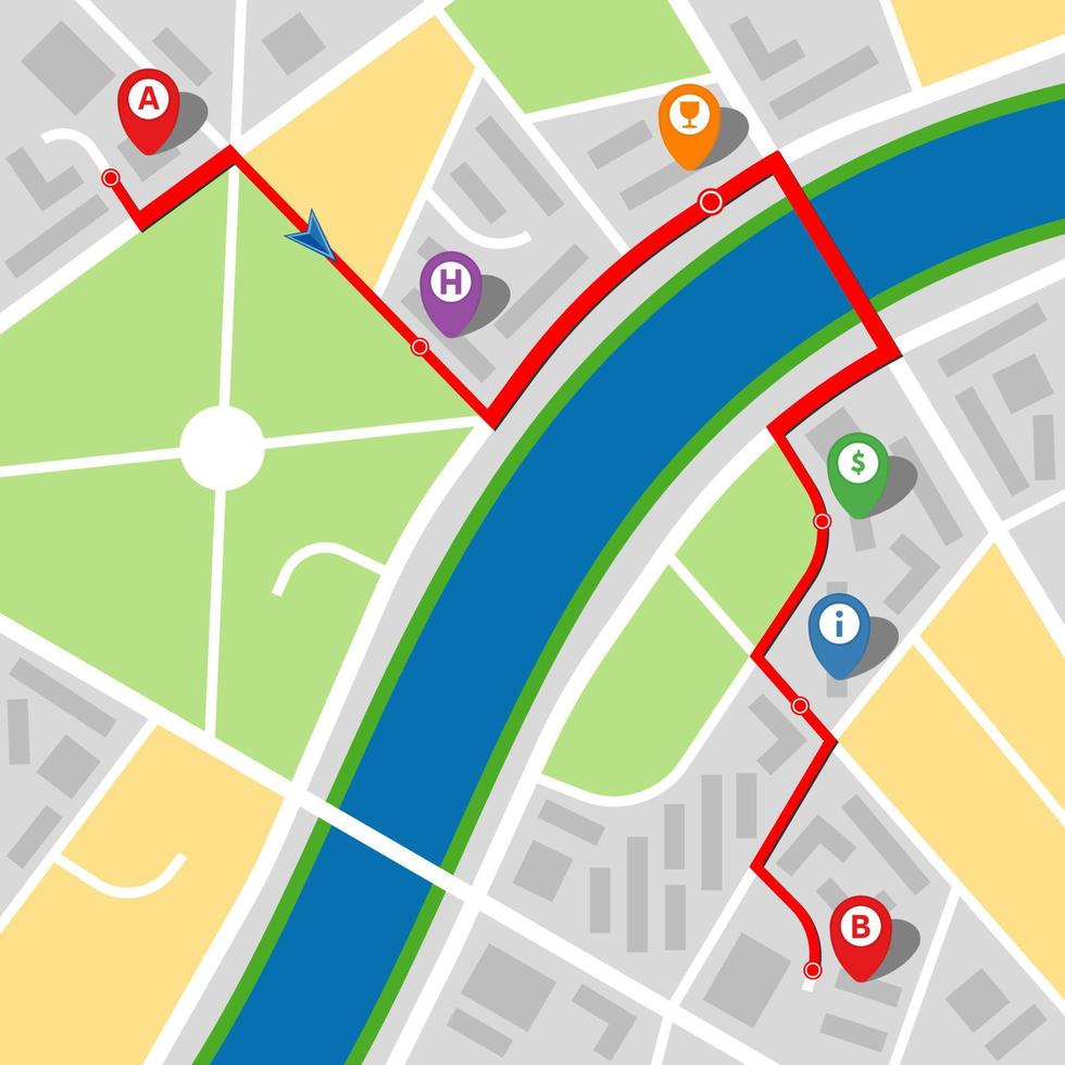 City map of an imaginary city with a river and multi-stop route. Vector illustration.