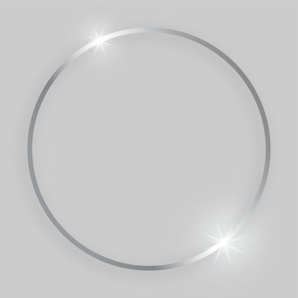 Shiny frame with glowing effects. Silver round frame with shadow on grey background. Vector illustration