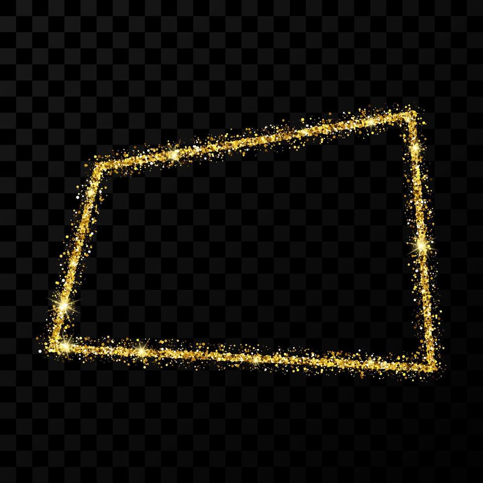 Gold glitter frame. Rectangle frame with shiny stars and sparkles on dark transparent background. Vector illustration