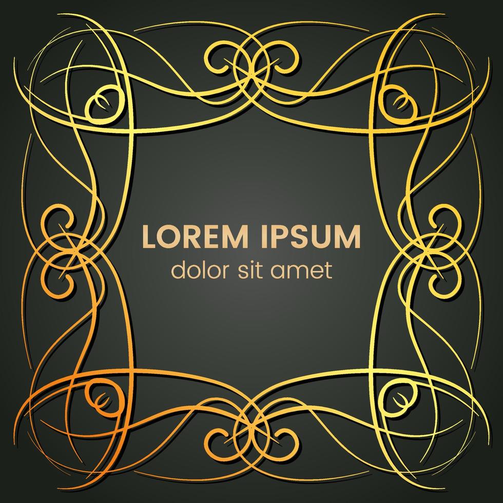A square golden monogram element on a dark background. Vector illustration.