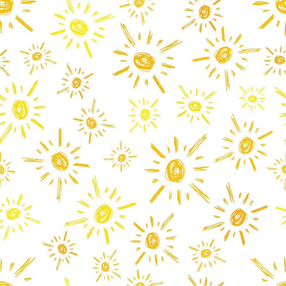 Hand drawn sun. Seamless pattern of simple sketch sun's. Solar symbol. Yellow doodle isolated on white background. Vector illustration.