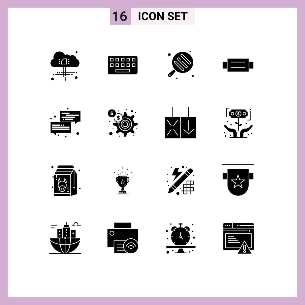 Set of 16 Commercial Solid Glyphs pack for message conversation cooking communication fashion Editable Vector Design Elements