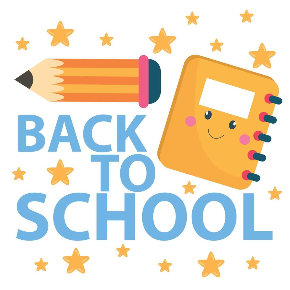 Back to school poster isolated on white and stationery object as striped pencil, notebook, yellow star vector illustration