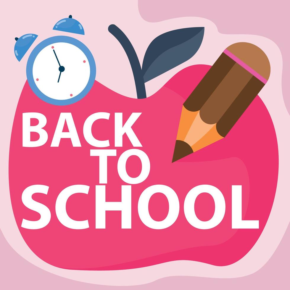 Back to school banner design with letters, apple, pencil and alarm clock. Realistic vector illustration