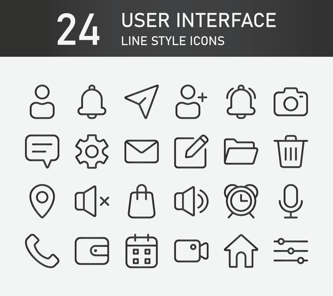 La colección de iconos de contorno de la interfaz de usuario contiene iconos como interfaz, esencial, mensaje e iconos básicos. colección de iconos de silueta de interfaz de usuario, conjunto de iconos web simples. vector