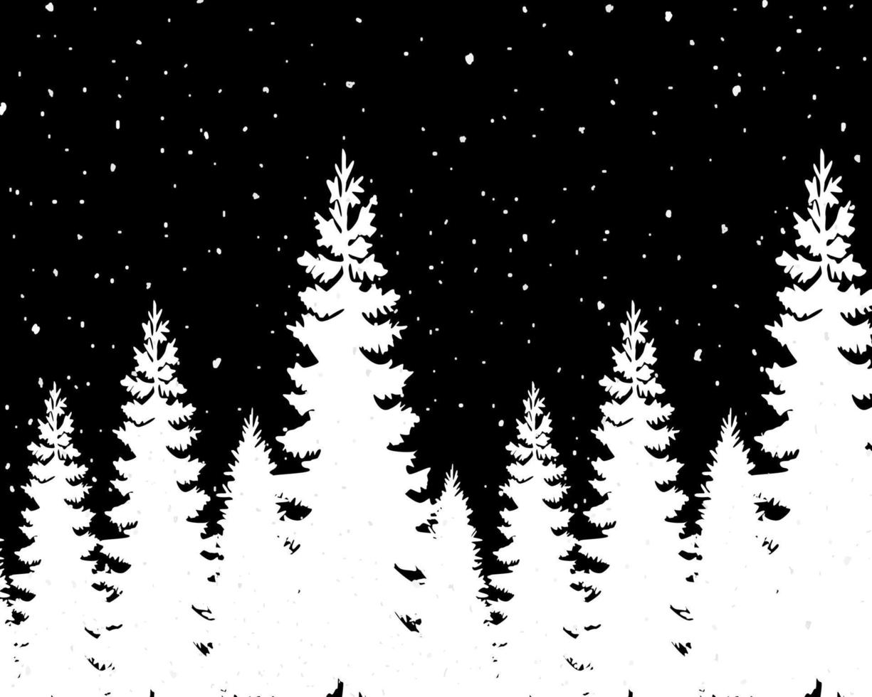 Frozen winter forest with snow covered trees vector illustration isolated on black background