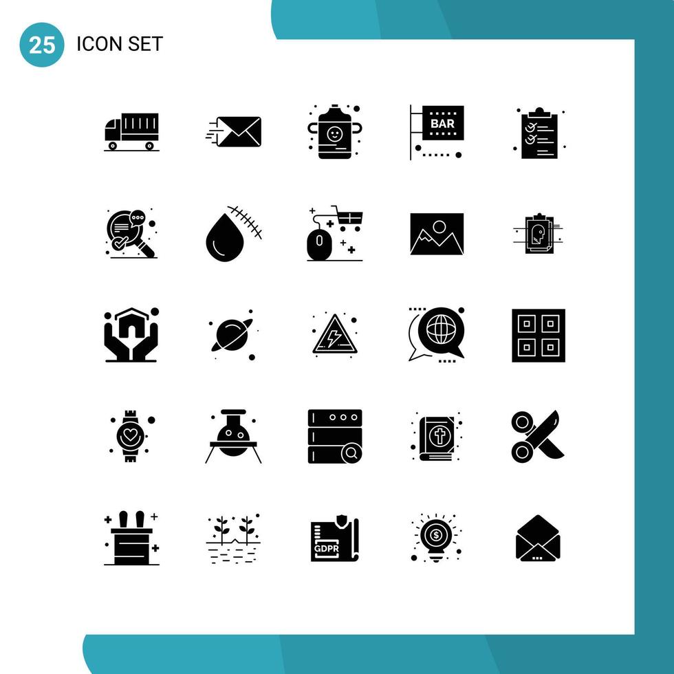 Universal Icon Symbols Group of 25 Modern Solid Glyphs of clipper science and computing baby media and entertainment food and drink Editable Vector Design Elements