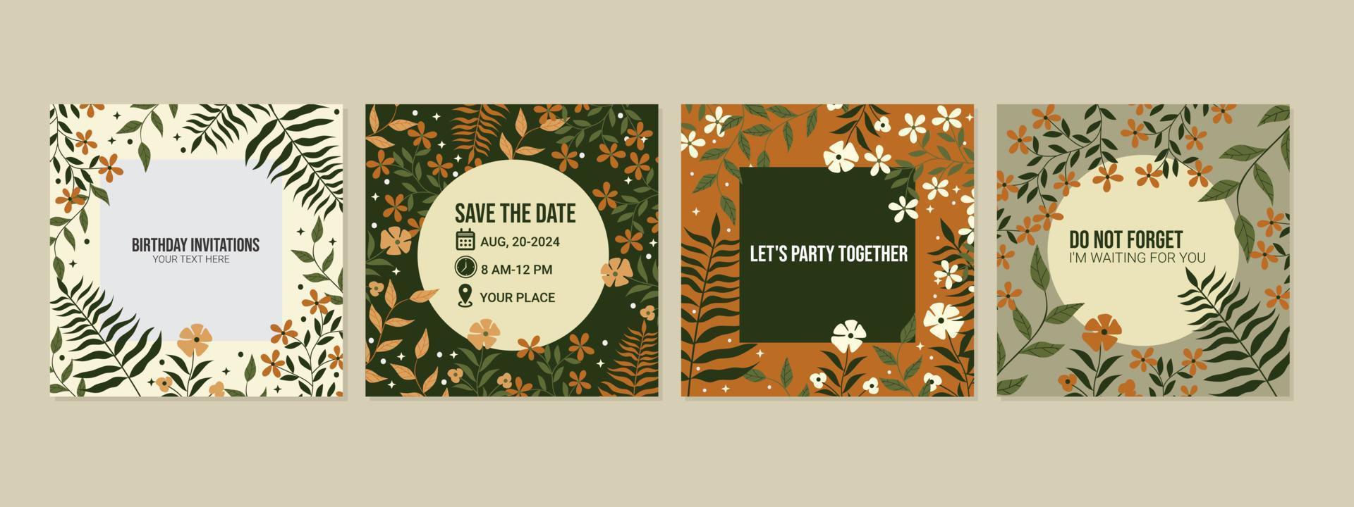 birthday invitation template shaped social media square post. foliage hand drawn style. use for online invitations vector