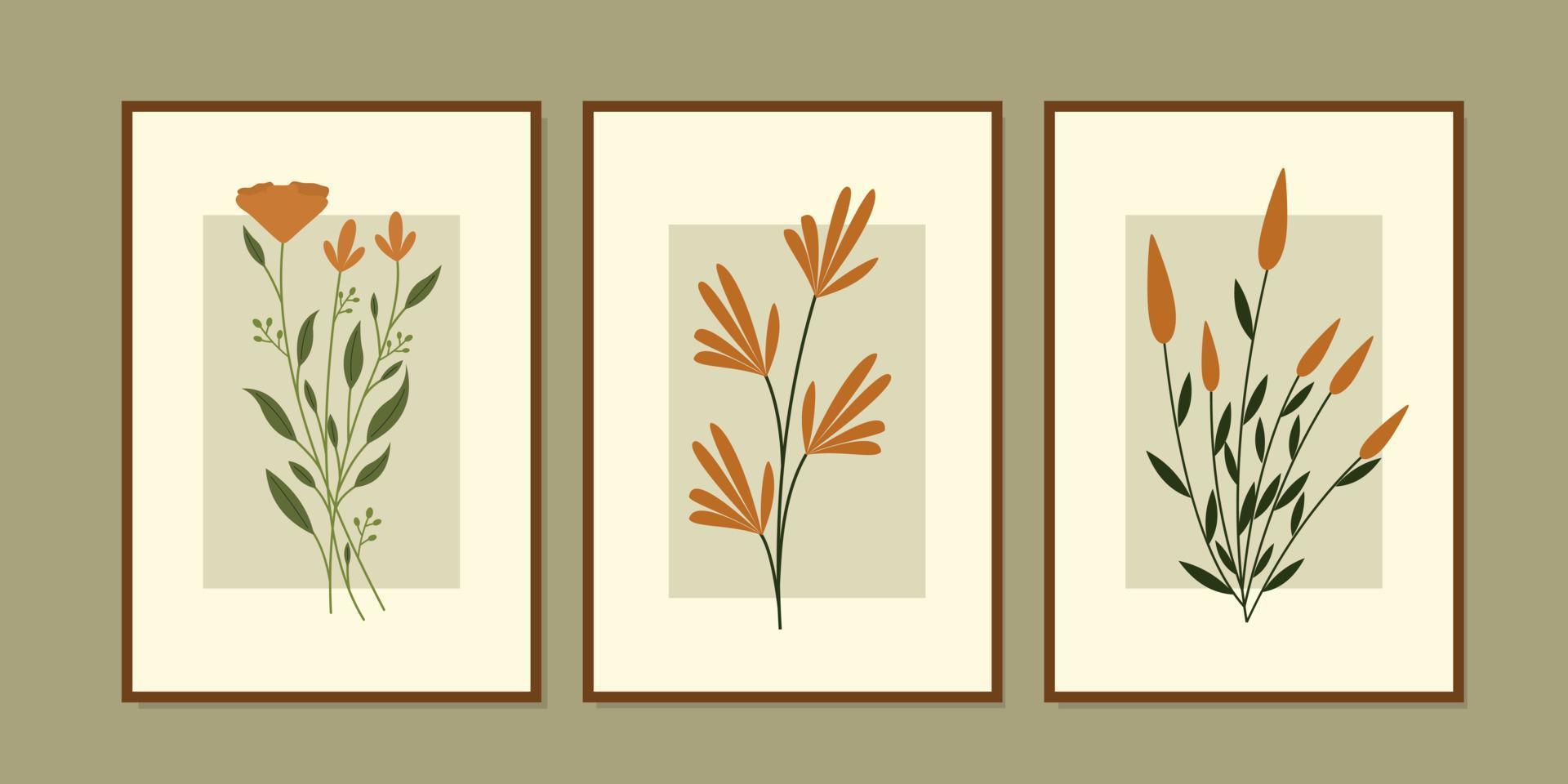 Boho aesthetic abstract botanical wall art poster prints. Scandinavian design, neutral natural colors. Bohemian collage wall prints. Mid Century Modern design. floral posters. Vector illustration