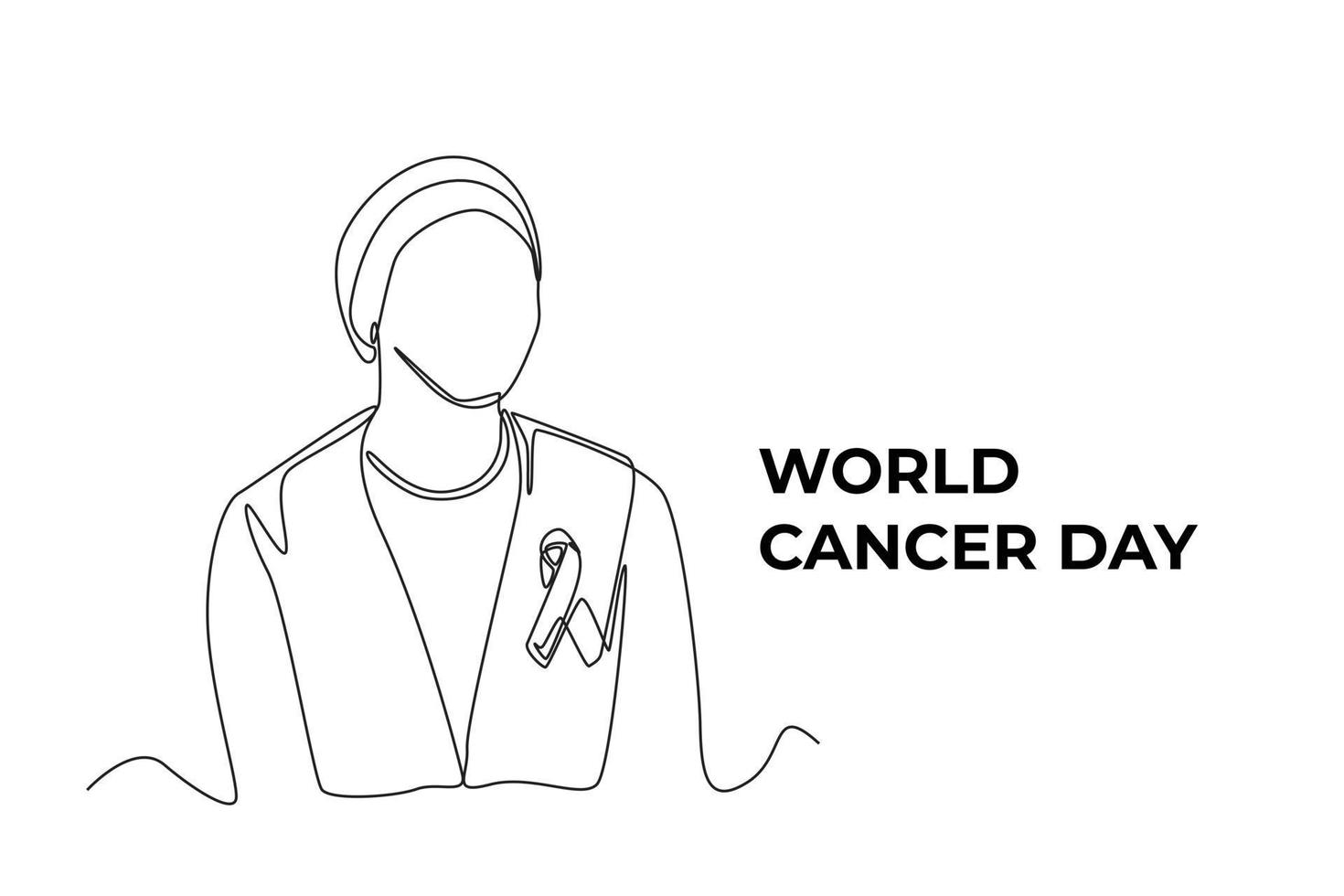 Continuous one line drawing woman struggle with ribbon as cancer symbol. World cancer day concept. Single line draw design vector graphic illustration.