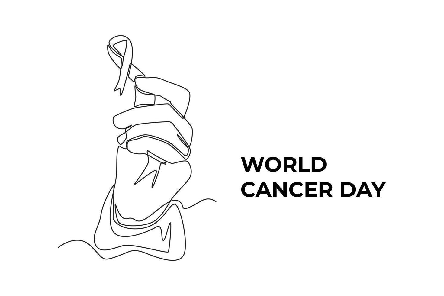 Continuous one line drawing hands holding ribbon for supporting people living and illness. World cancer day concept. Single line draw design vector graphic illustration.