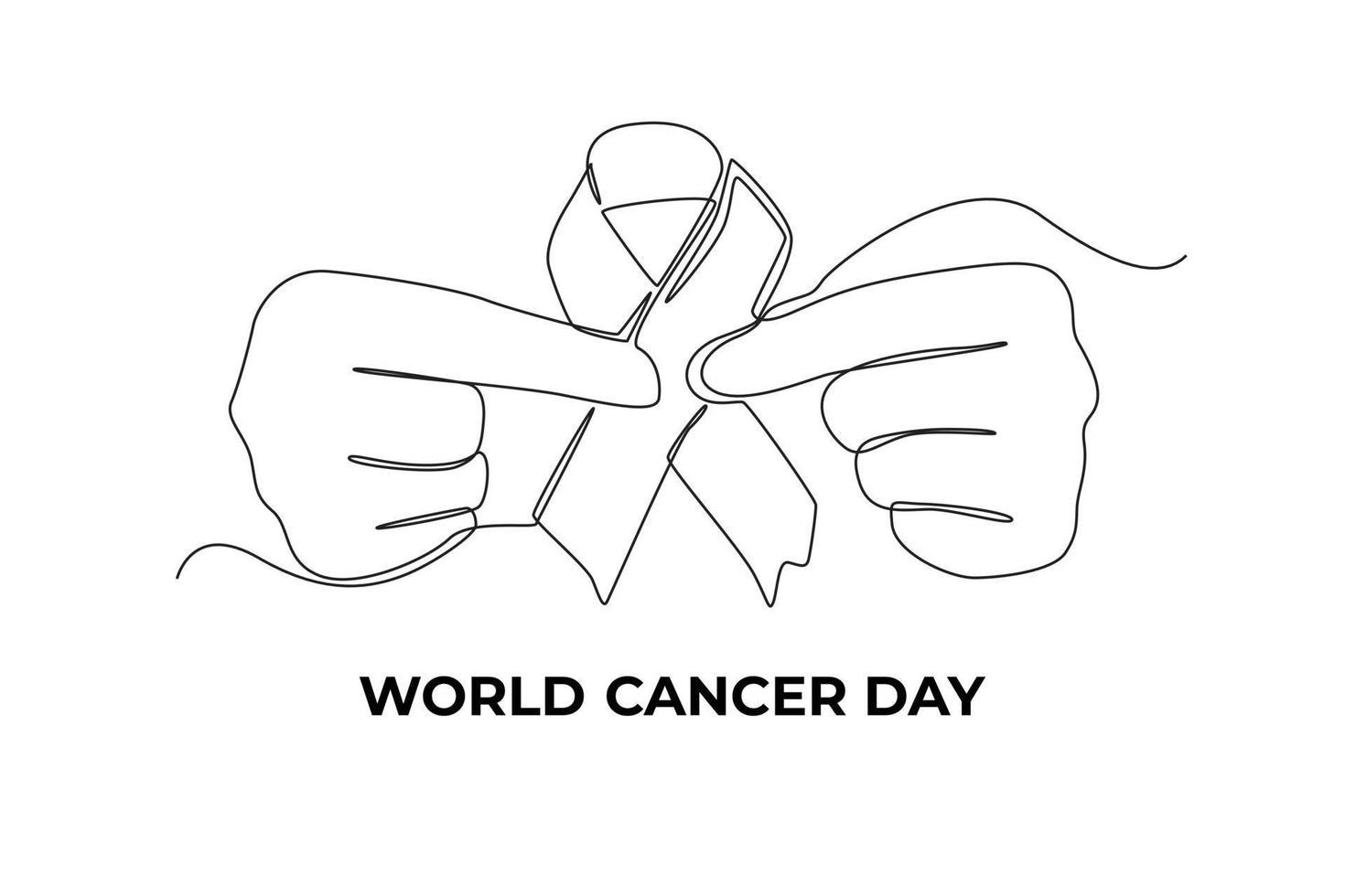 Continuous one line drawing hands holding ribbon for supporting people living and illness. World cancer day concept. Single line draw design vector graphic illustration.