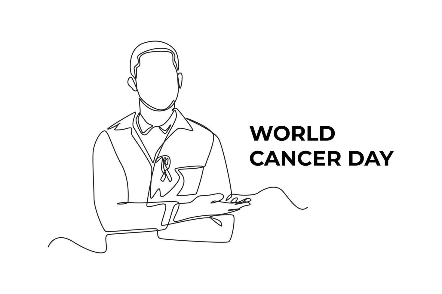 Continuous one line drawing happy doctor man gives supporting people living and illness. World cancer day concept. Single line draw design vector graphic illustration.