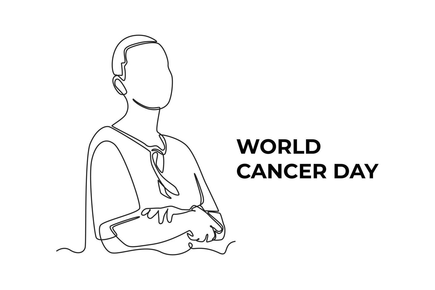 Continuous one line drawing woman struggle with ribbon as cancer symbol. World cancer day concept. Single line draw design vector graphic illustration.