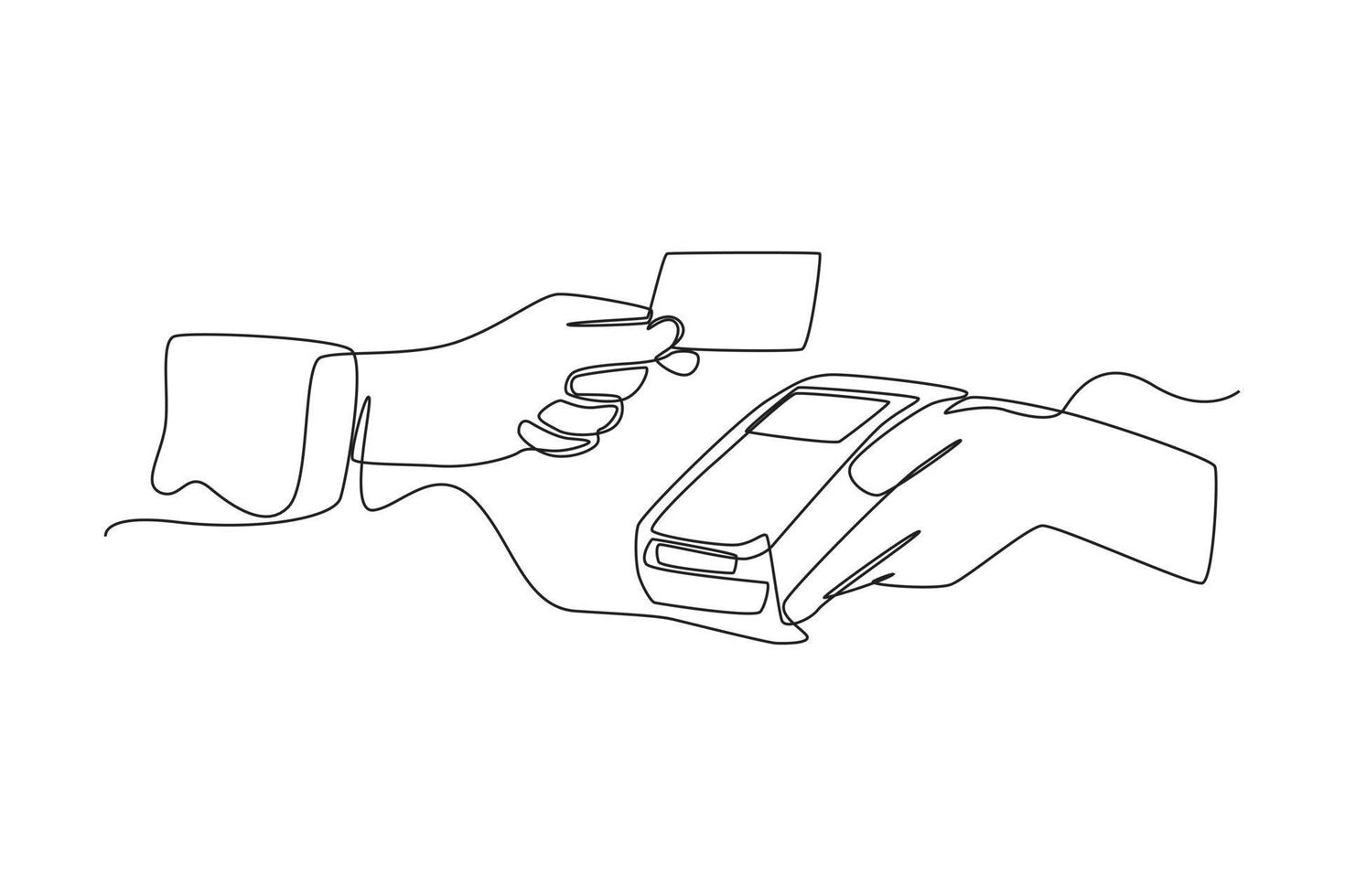 Single one line drawing hand using a credit or debit card for transactions through the terminal. Cashless payment concept. Continuous line draw design graphic vector illustration.