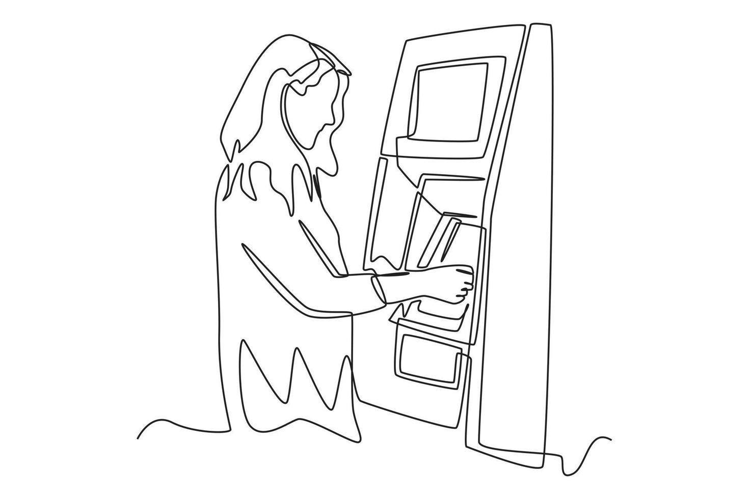 dibujo de una sola línea mujer feliz retirando dinero de la tarjeta de crédito en el cajero automático. ilustración de vector gráfico de diseño de dibujo de línea continua.