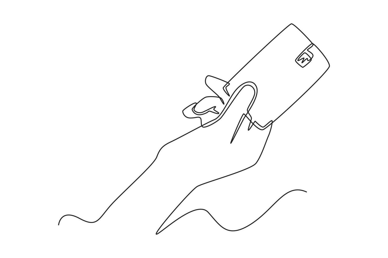 Single one line drawing Hand holding card for payment transactions. Cashless payment concept. Continuous line draw design graphic vector illustration.