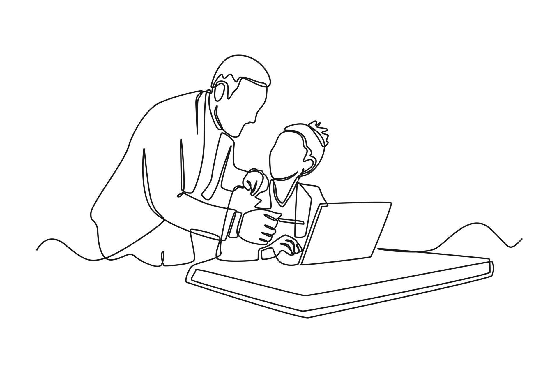 Continuous one line drawing company founders discussing innovation