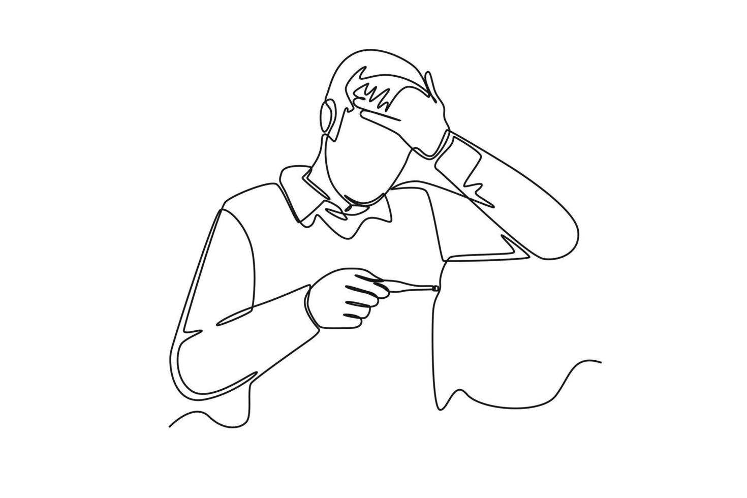 Single one line drawing man headache have a fever, flu and check thermometer measure body temperature. Sick people concept. Continuous line draw design graphic vector illustration.