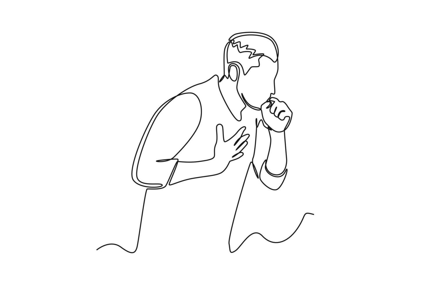Single one line drawing Sick man coughing over his hand. Sick people concept. Continuous line draw design graphic vector illustration.