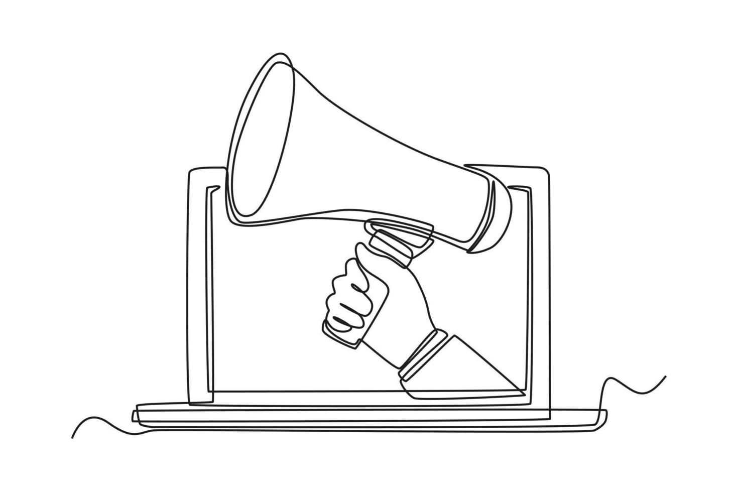 Continuous one line drawing hand holding megaphone coming out from laptop screen. Marketing Concept. Single line draw design vector graphic illustration.