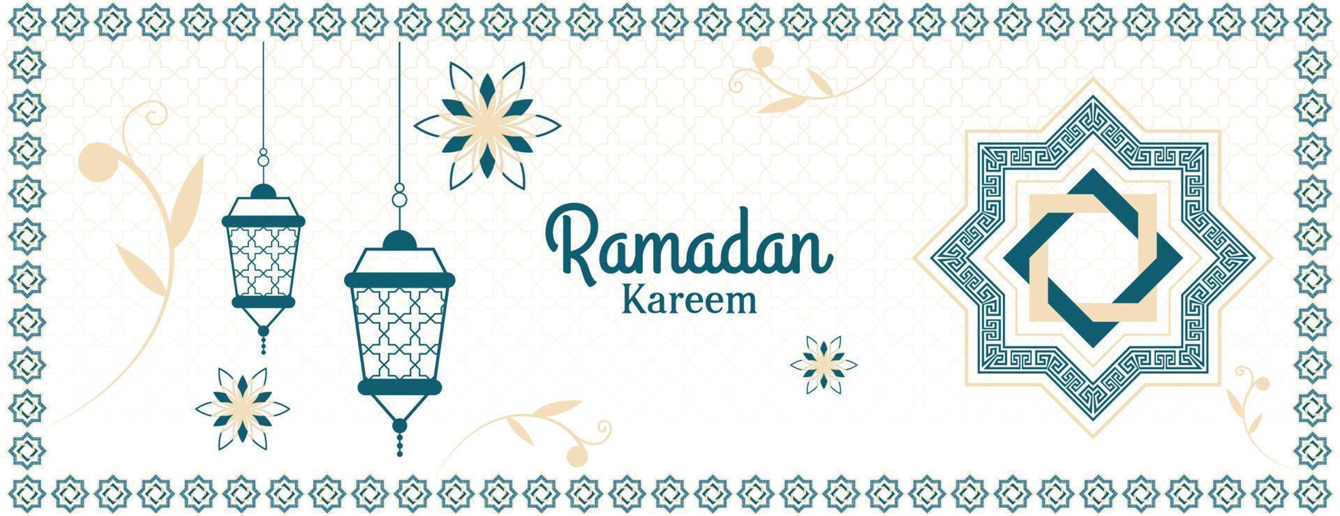 ramadan kareem banner design with lantern and flowers in pastel color. vector illustration