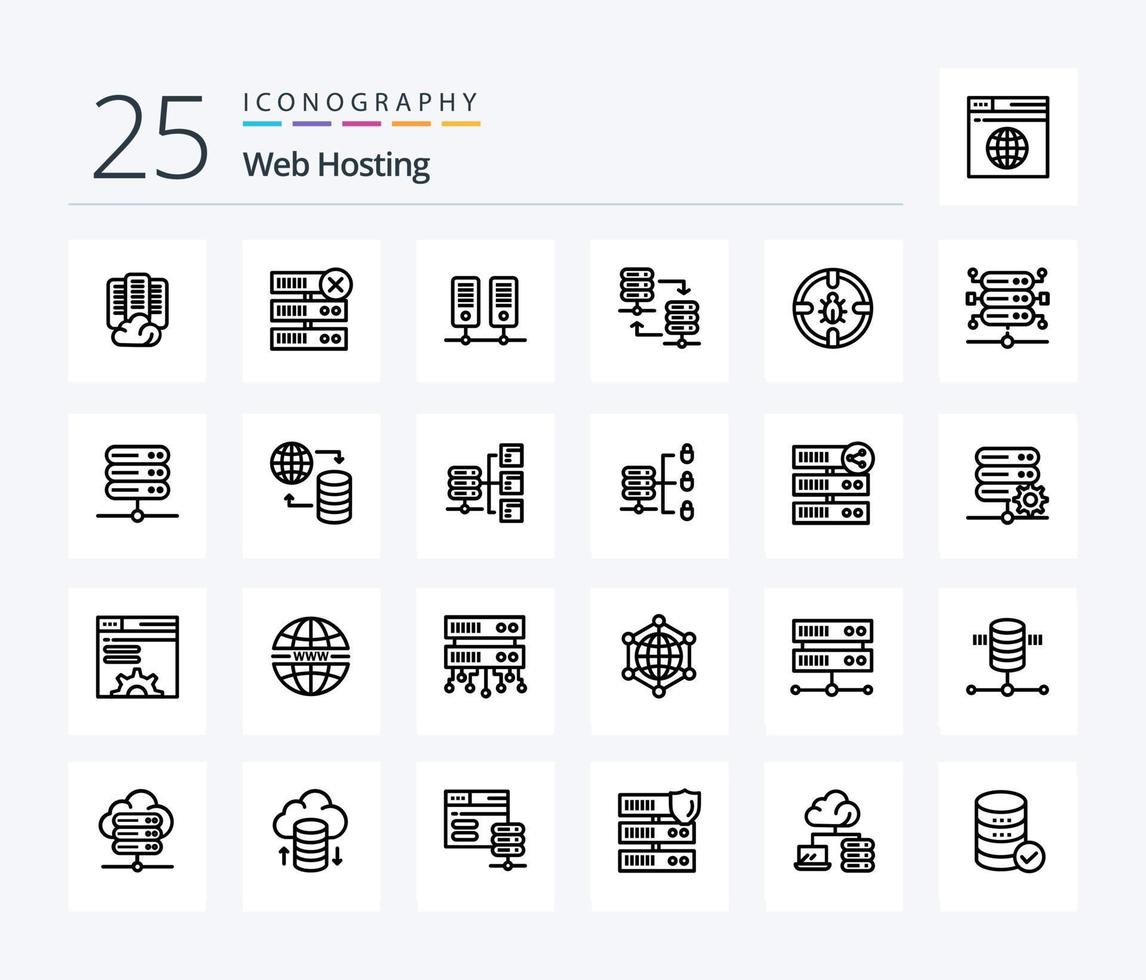 Web Hosting 25 Line icon pack including share. server hosting . server. server . server vector