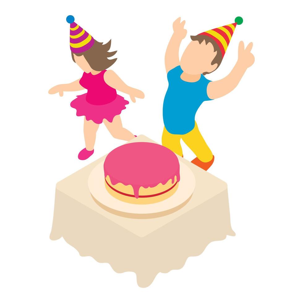 Fun people icon isometric vector. Dancing guy and girl near fruit cake on table vector