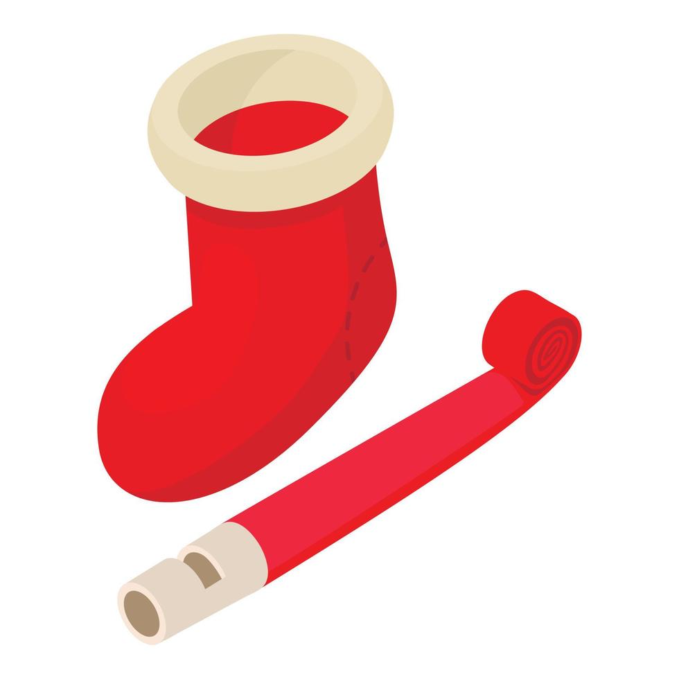 Christmas tradition icon isometric vector. Red blower whistle and christmas sock vector