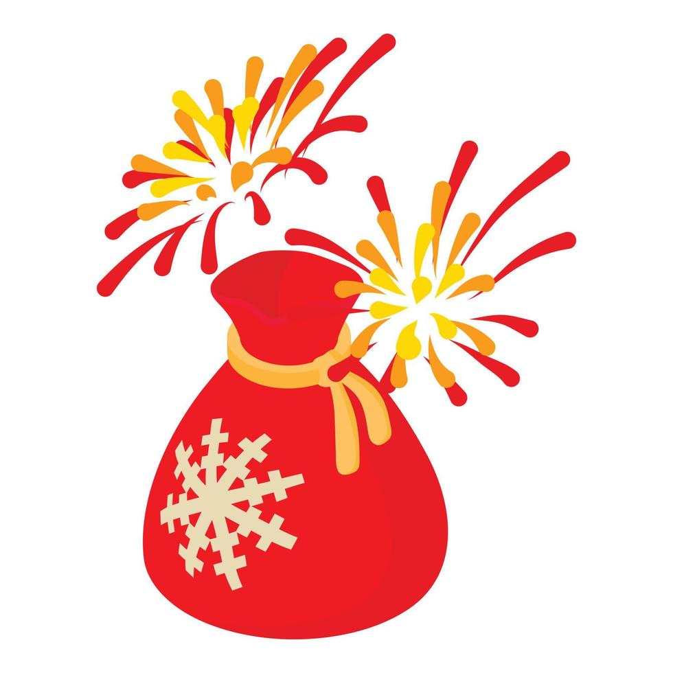 Winter holiday icon isometric vector. Big red santa sack under new year firework vector