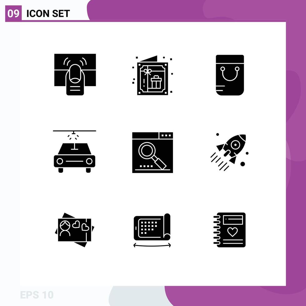 9 Universal Solid Glyph Signs Symbols of page media party engine car Editable Vector Design Elements