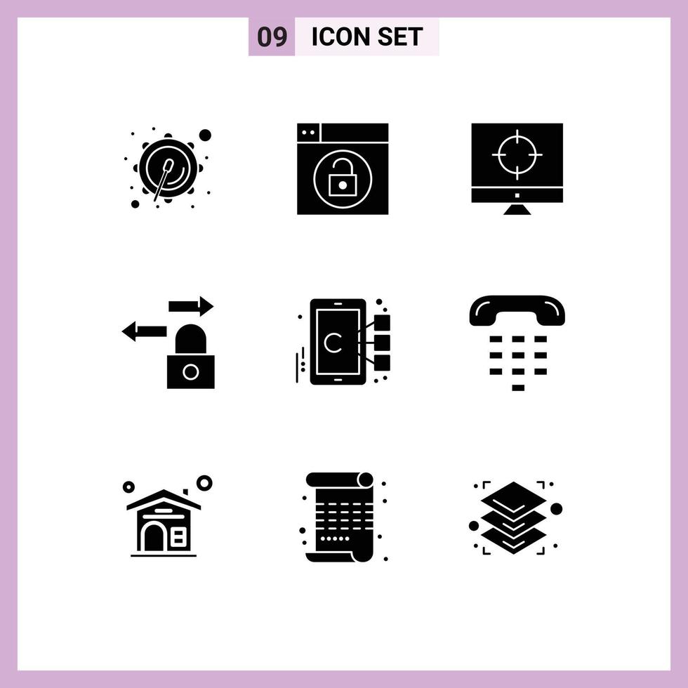 Set of 9 Modern UI Icons Symbols Signs for target focus seo cell lock Editable Vector Design Elements