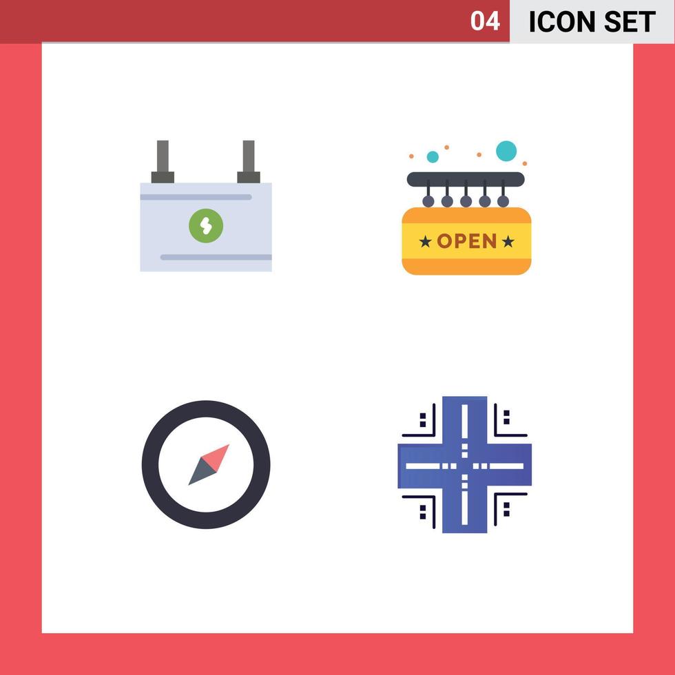 Modern Set of 4 Flat Icons Pictograph of accumulator map power shop computing Editable Vector Design Elements