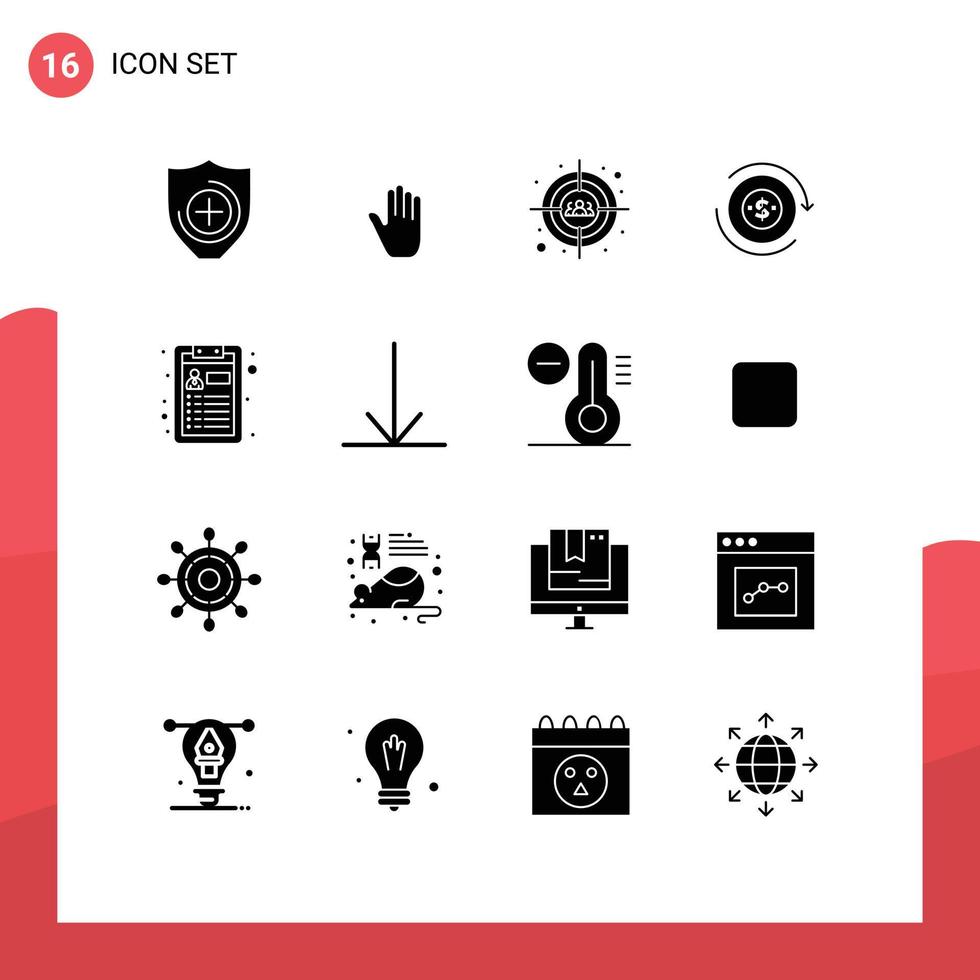 Modern Set of 16 Solid Glyphs and symbols such as resume cv target dollar flow Editable Vector Design Elements