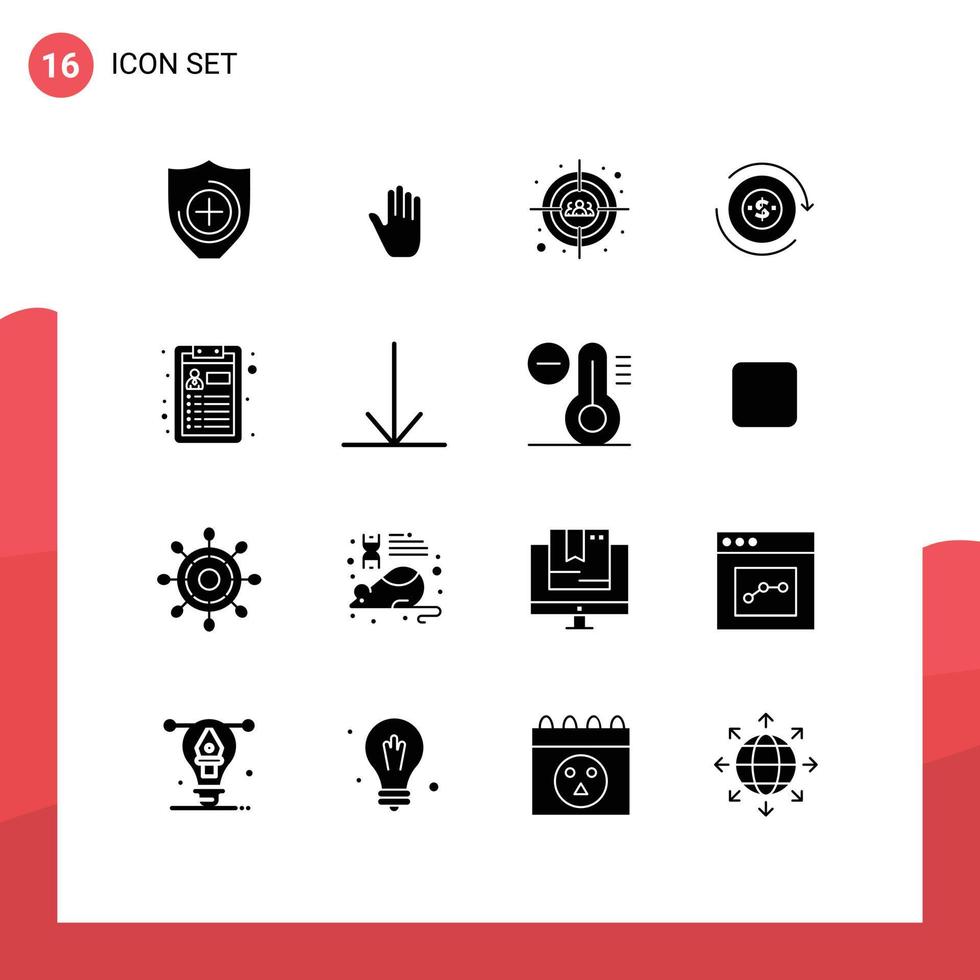 conjunto moderno de 16 glifos y símbolos sólidos, como elementos de diseño de vectores editables de flujo de dólar objetivo cv de hoja de vida